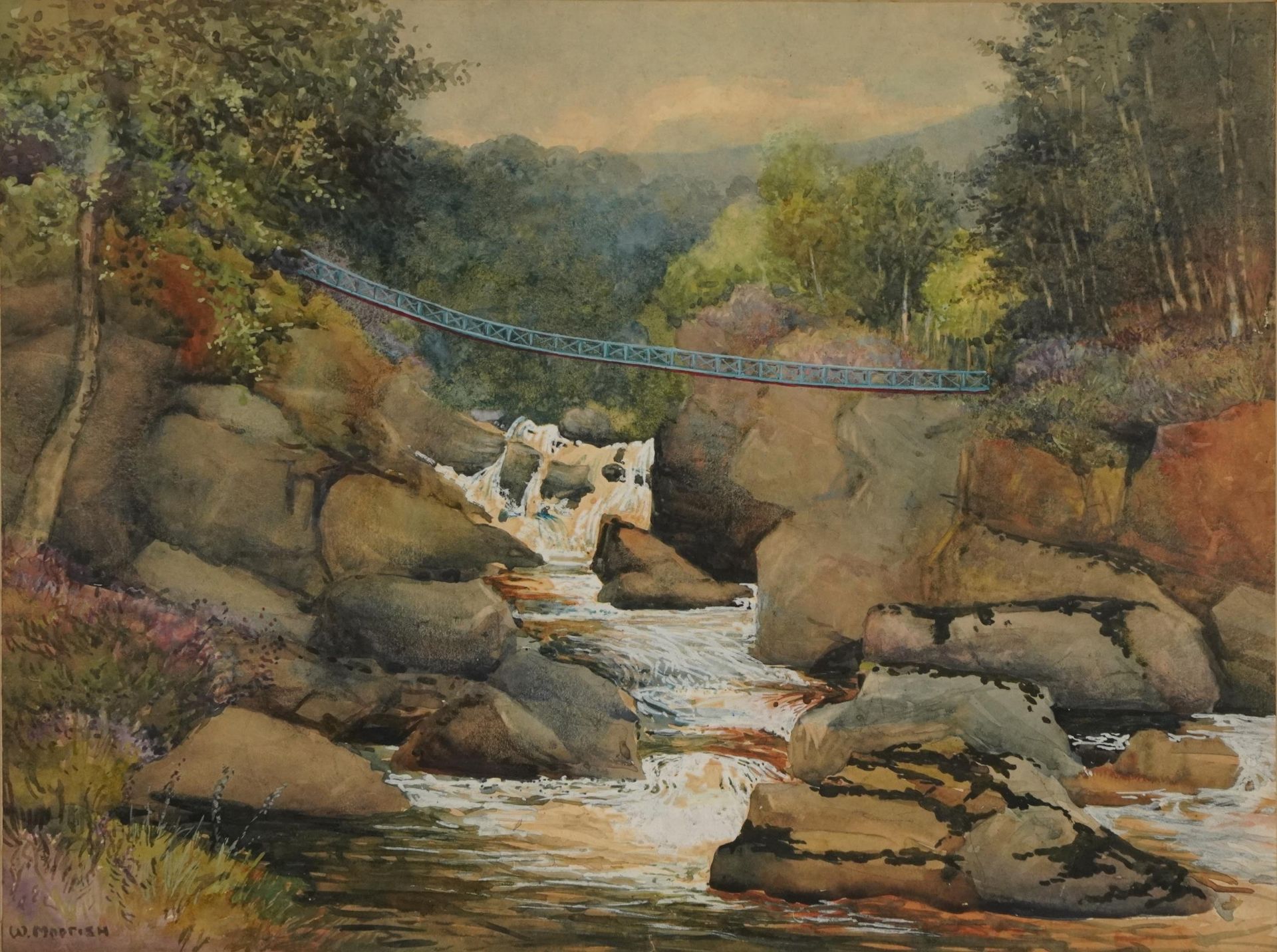 William Snell Morrish - Bridge over Highland stream, signed gouache, mounted, framed and glazed,