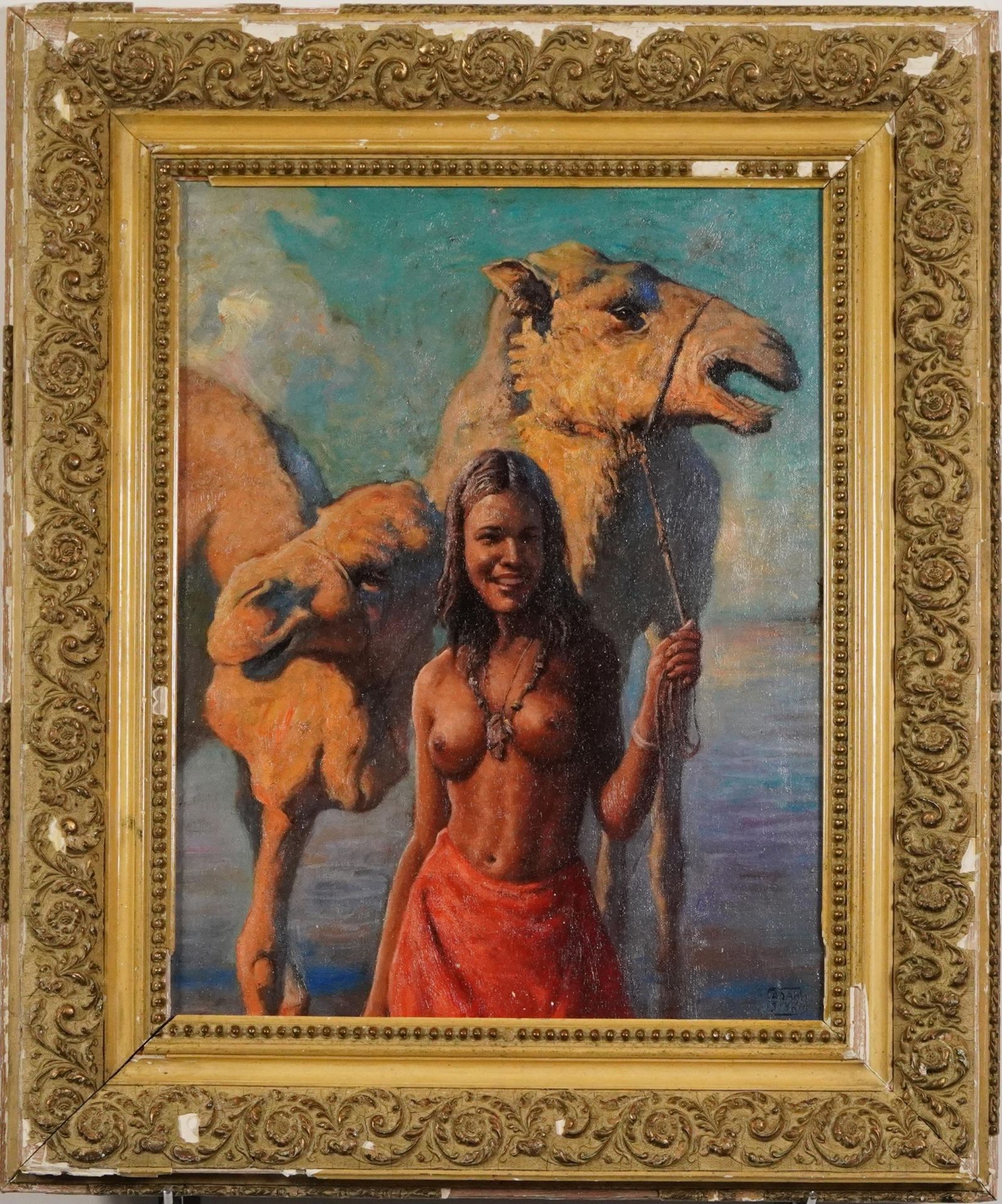 After Adam Styka - Semi nude female before camels, Orientalist school oil on board, mounted and - Image 2 of 4