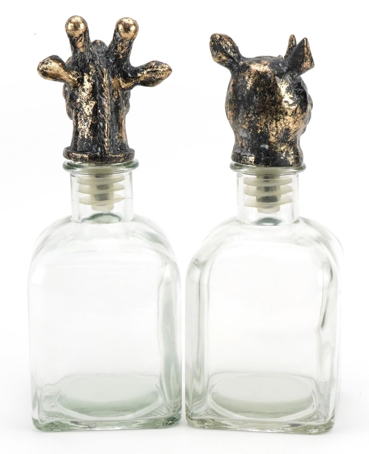 Pair of novelty glass decanters with rhinoceros and giraffe head stoppers, the largest 25cm high - Image 2 of 3