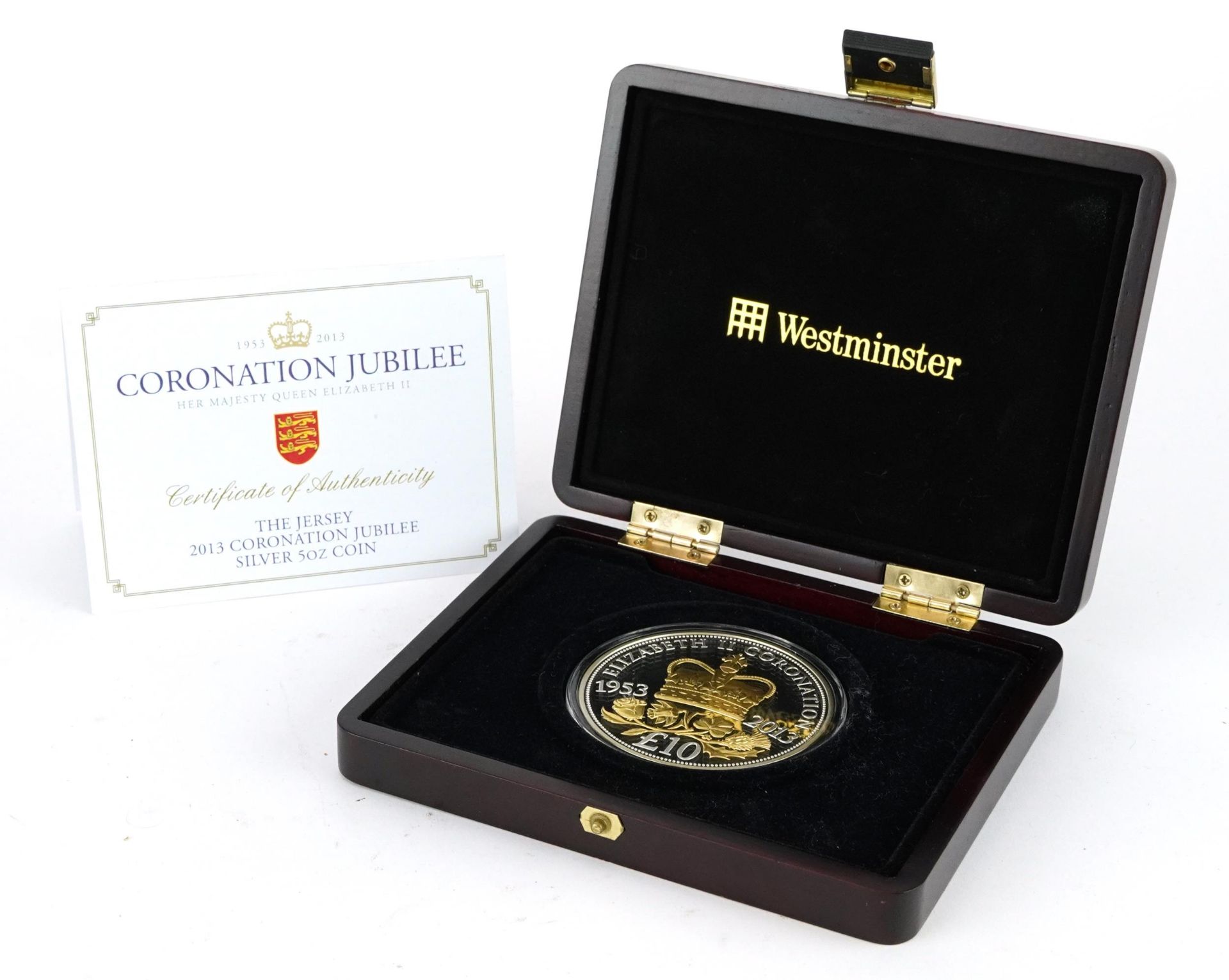 2013 The Jersey Coronation Jubilee silver five ounce ten pound coin with box and certificate,