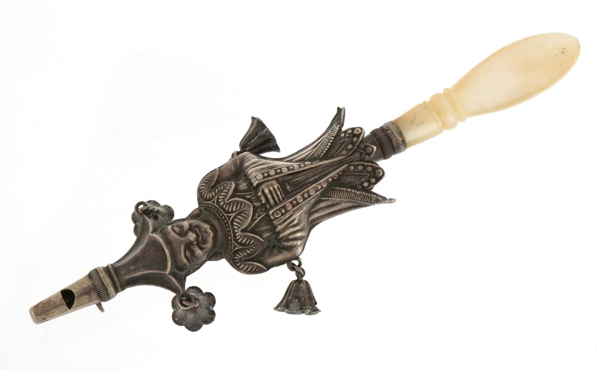 Silver baby's rattle with whistle and mother of pearl handle in the form of a gentleman in a robe, - Image 2 of 3