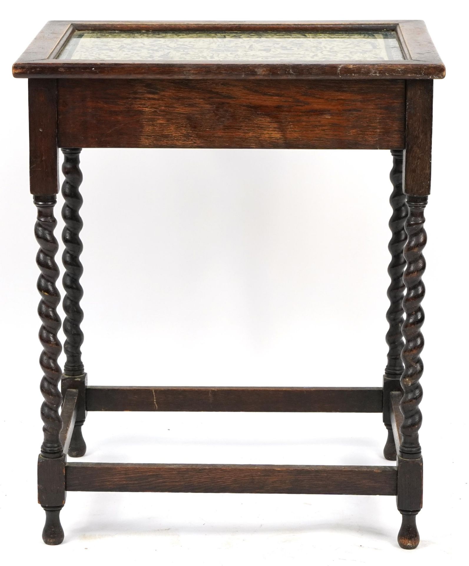 Oak barley twist occasional table with glass top and Chinese decoration, 71cm H x 60cm W x 46cm D - Bild 2 aus 4