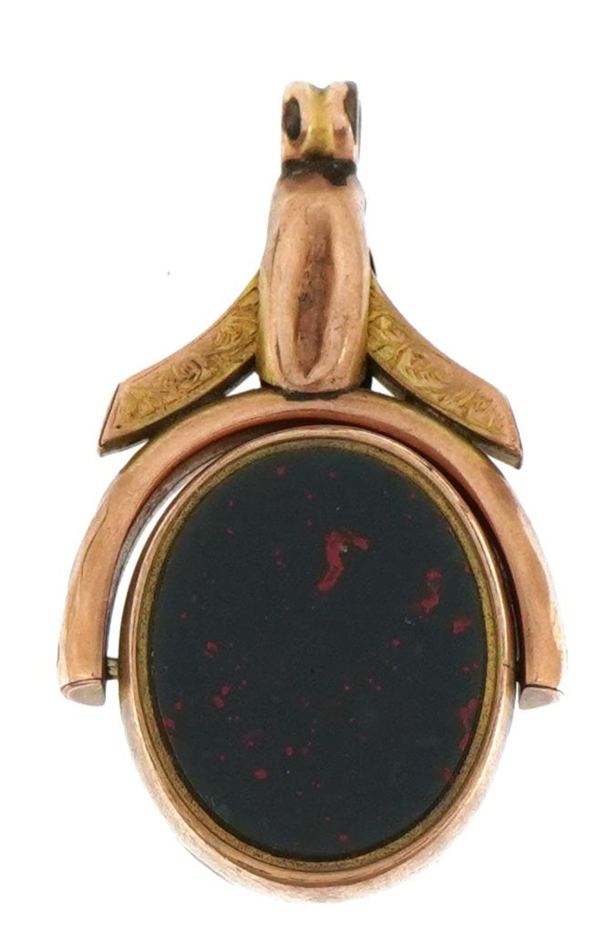 Antique 9ct rose gold bloodstone and carnelian spinner fob, 3.0cm high, 4.9g
