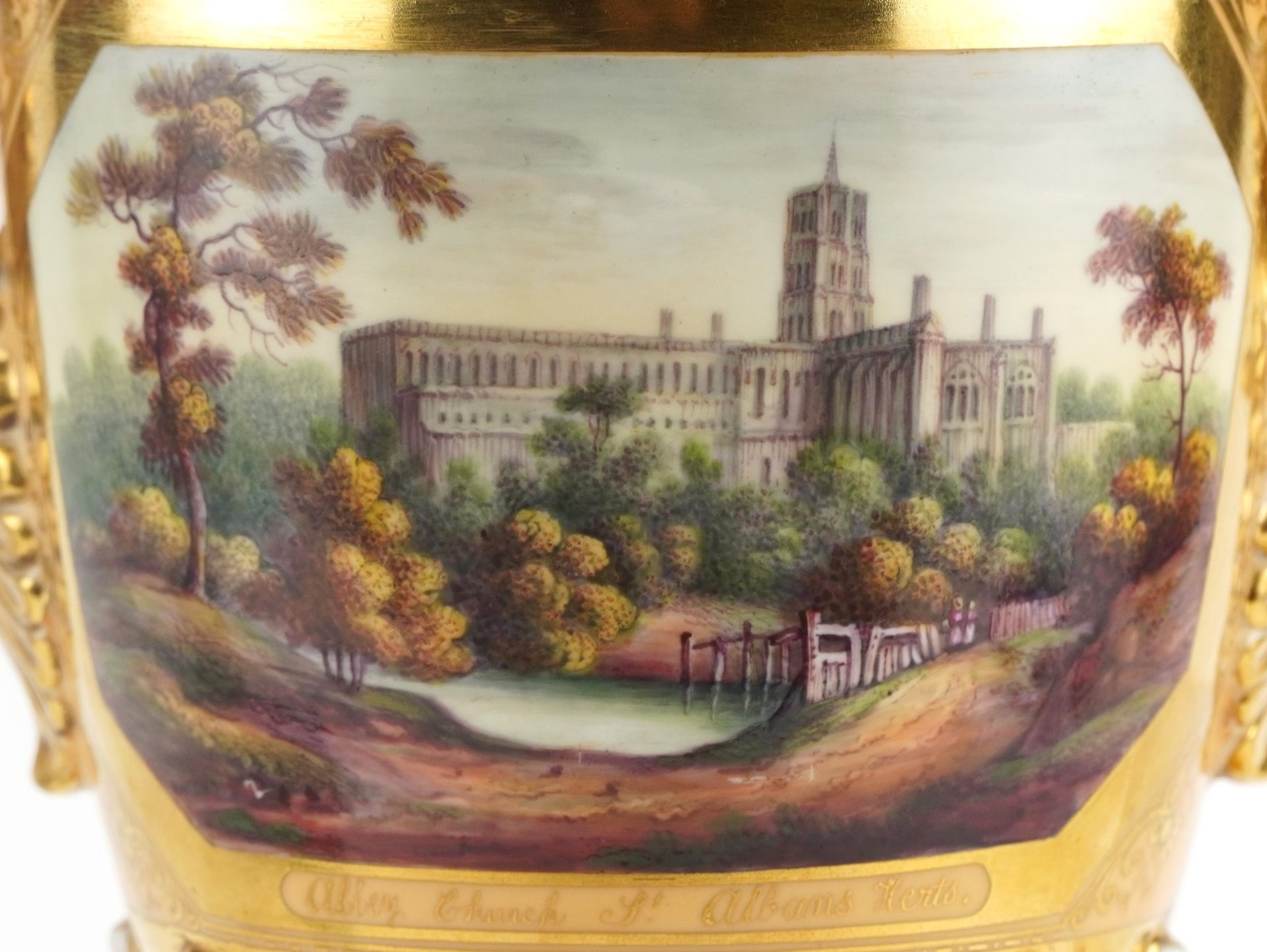 Attributed to Minton, early 19th century porcelain Wellington vase hand painted with a view of Abbey - Image 2 of 5