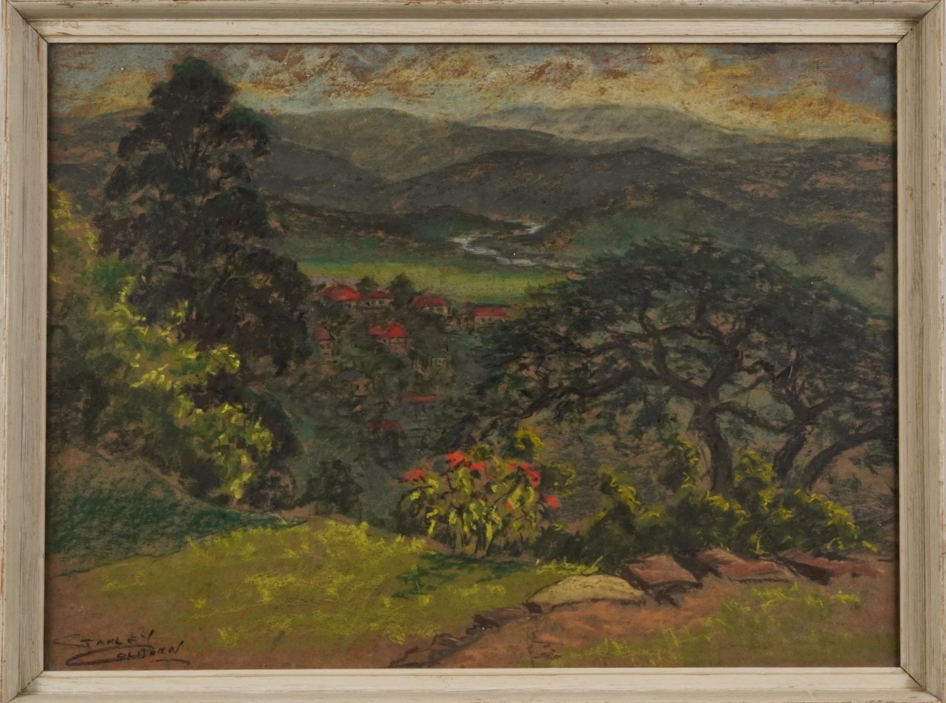 Stanley Colborn - Landscape with houses before mountains, pastel, framed and glazed, 56cm x 41cm - Image 2 of 4