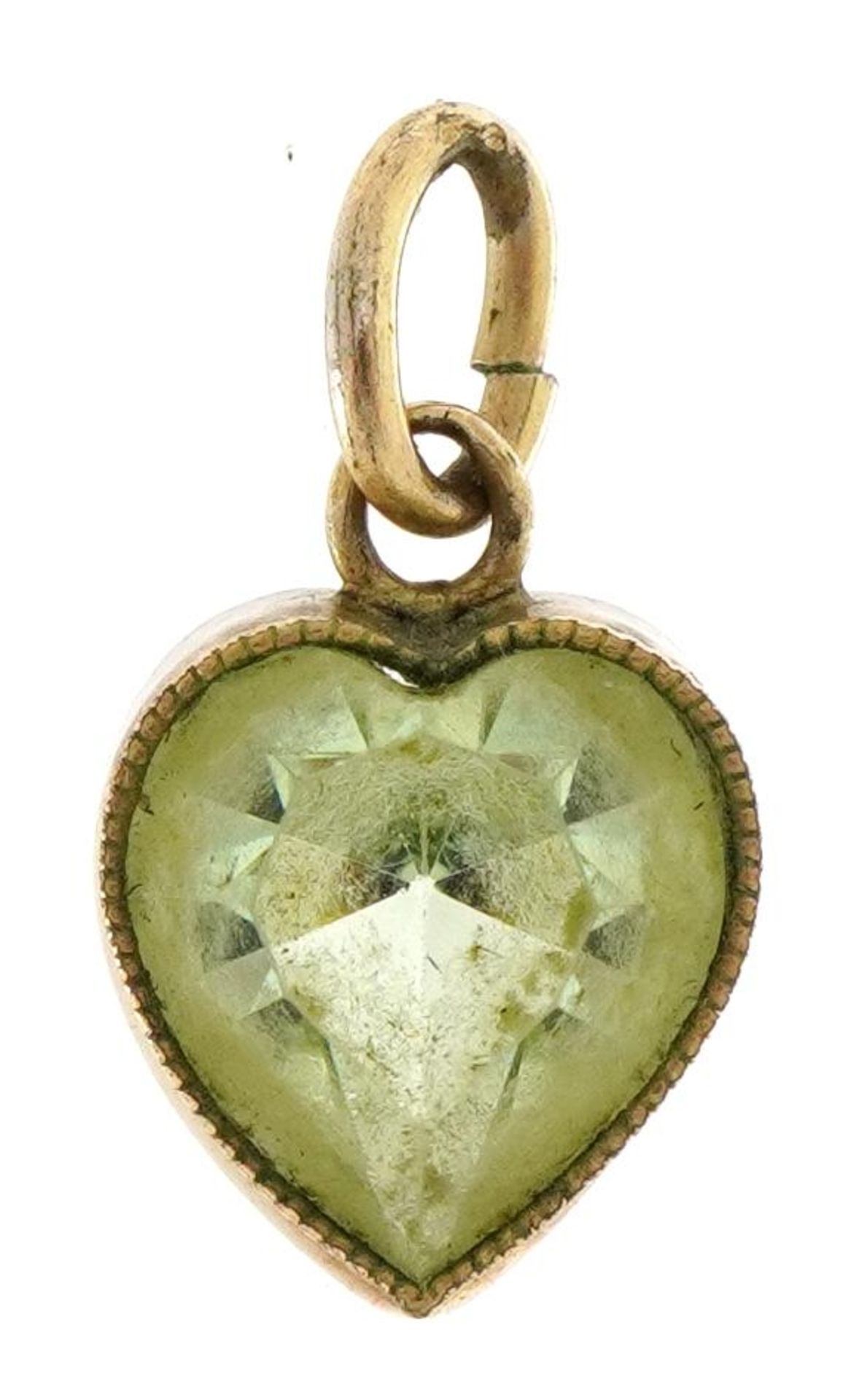 Unmarked gold green stone, possibly peridot, love heart pendant, 1.6cm high, 0.9g