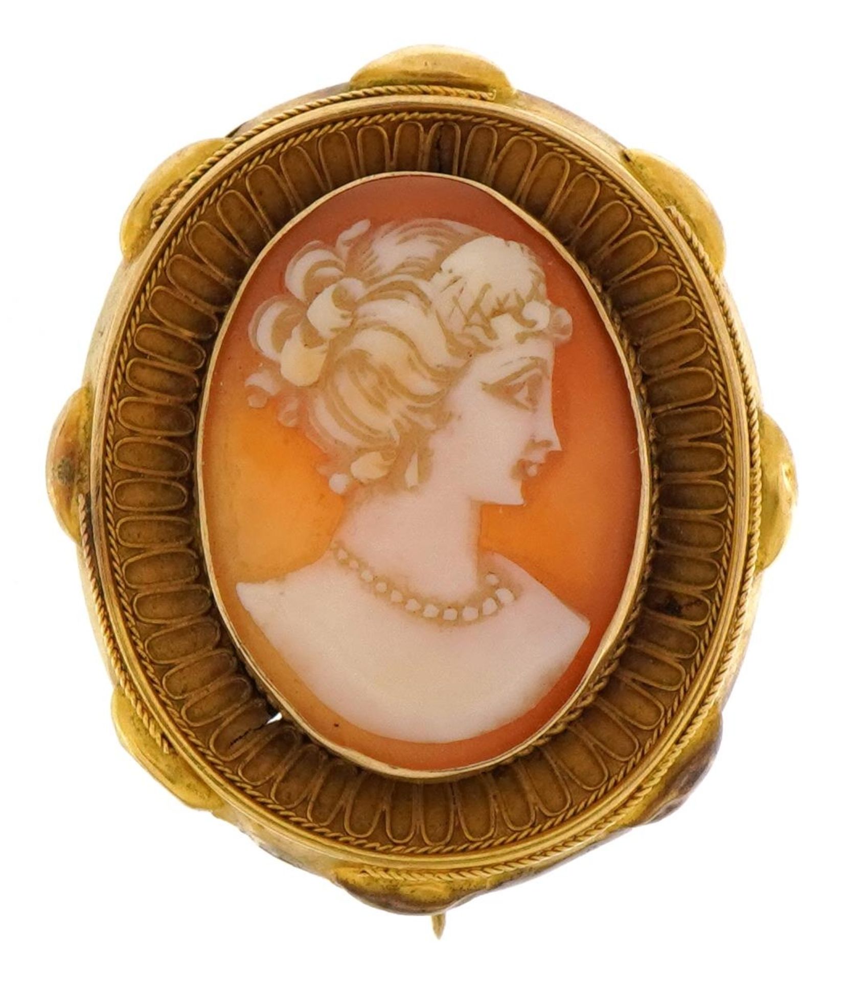 Victorian unmarked gold cameo maiden head brooch, tests as 15ct gold, 3.8cm high, 11.2g