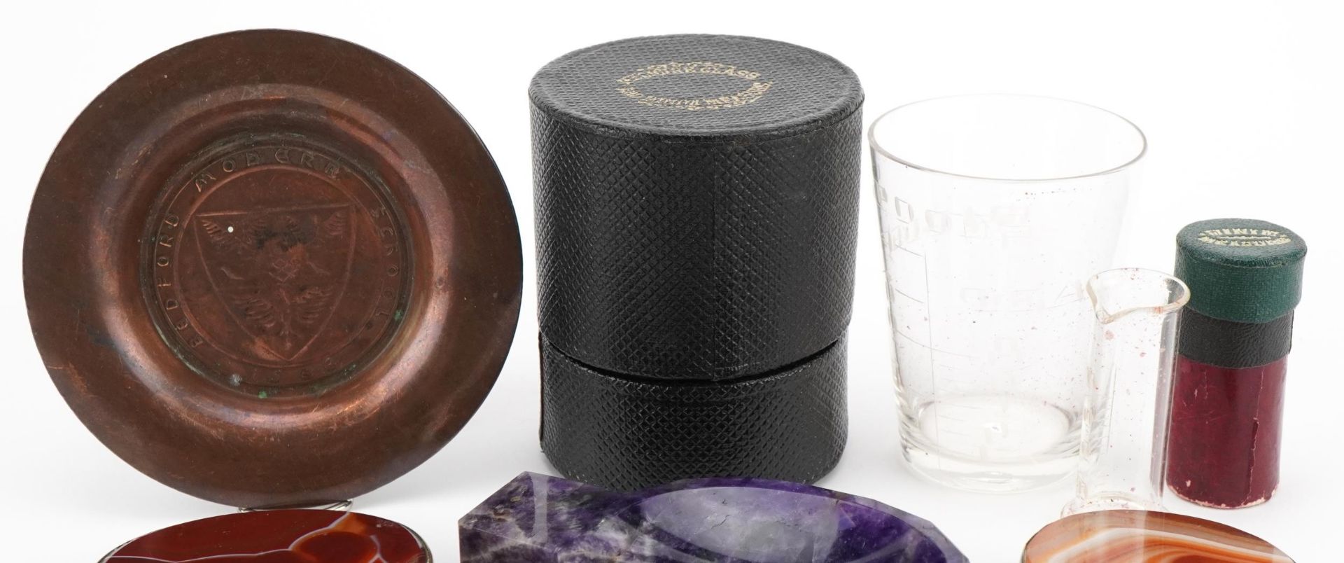 Objects including an amethyst dish, antique glass medical measure with case and two agate snuff - Image 2 of 3
