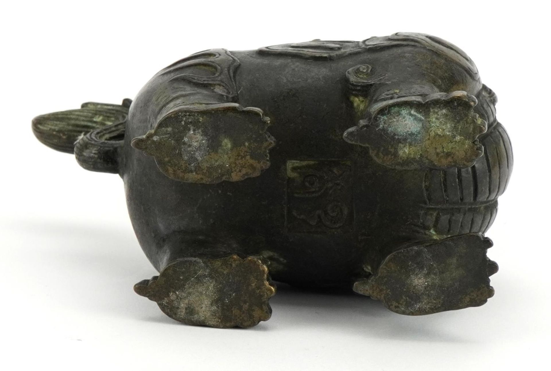 Chinese patinated bronze incense burner in the form of a Foo dog, impressed mark to the underside, - Image 3 of 4