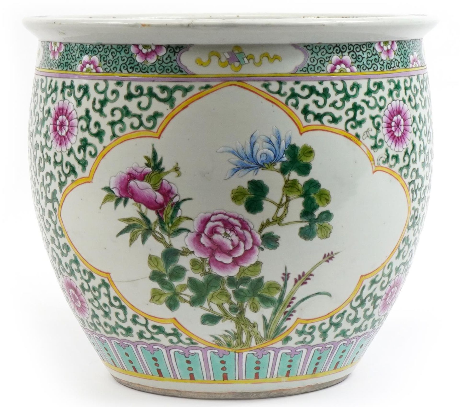 Large Chinese porcelain jardiniere hand painted in the famille rose palette with flowers and