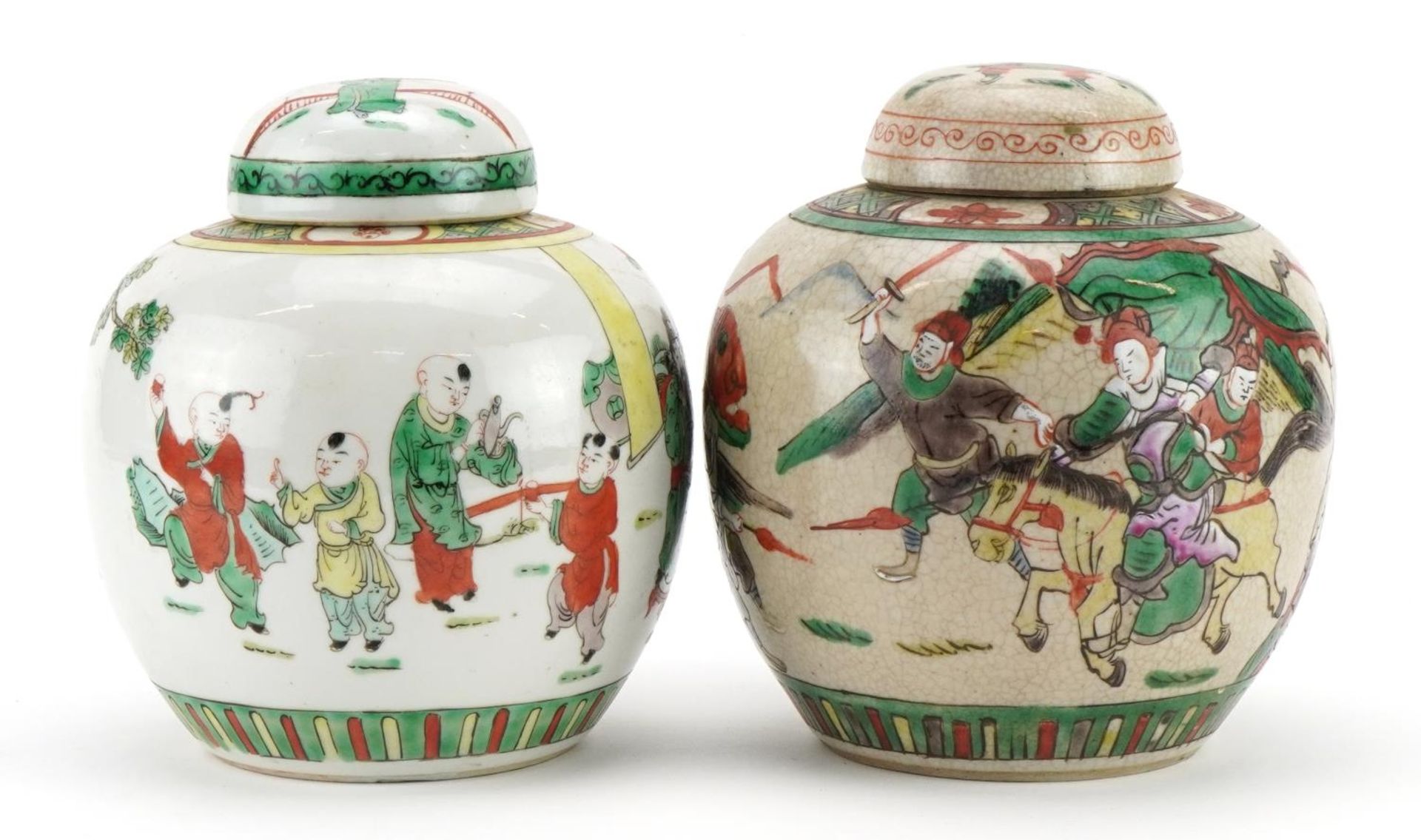 Two Chinese porcelain crackle glazed ginger jars with covers hand painted in the famille verte