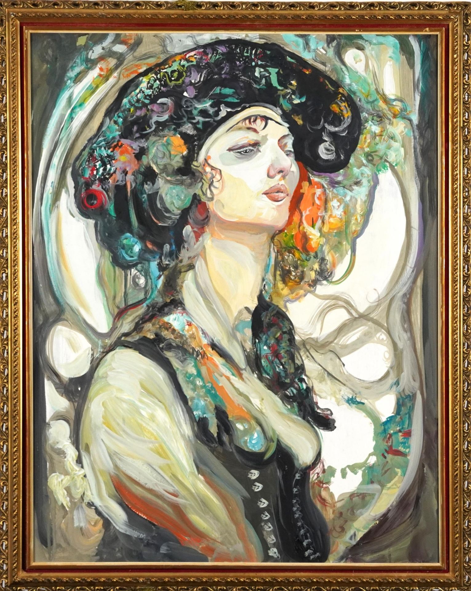 Portrait of a female wearing a hat, oil on board, mounted and framed, 67.5cm x 52cm excluding the - Image 2 of 3