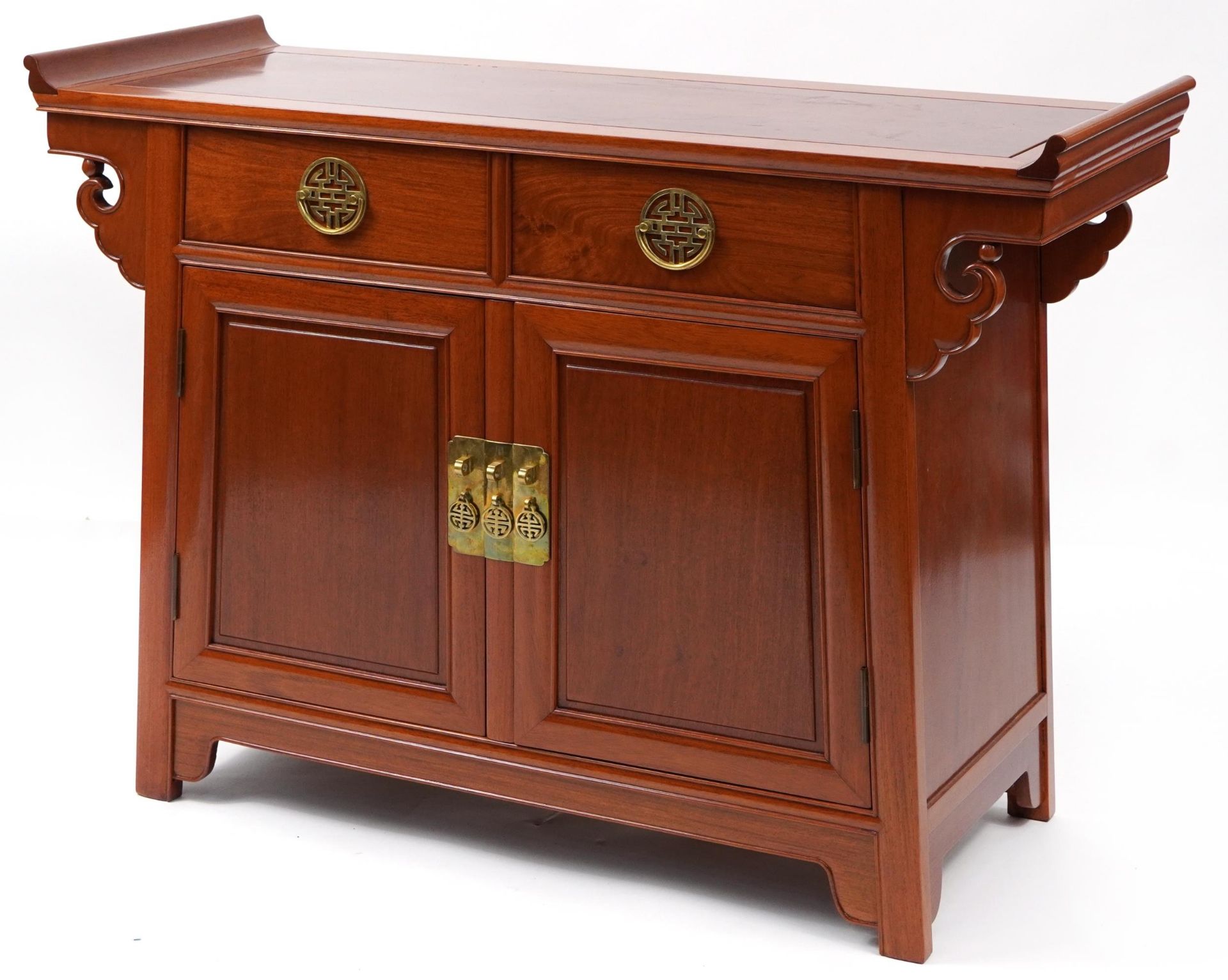 Chinese hardwood side cabinet with a pair of drawers above a pair of cupboard doors, 84cm H x