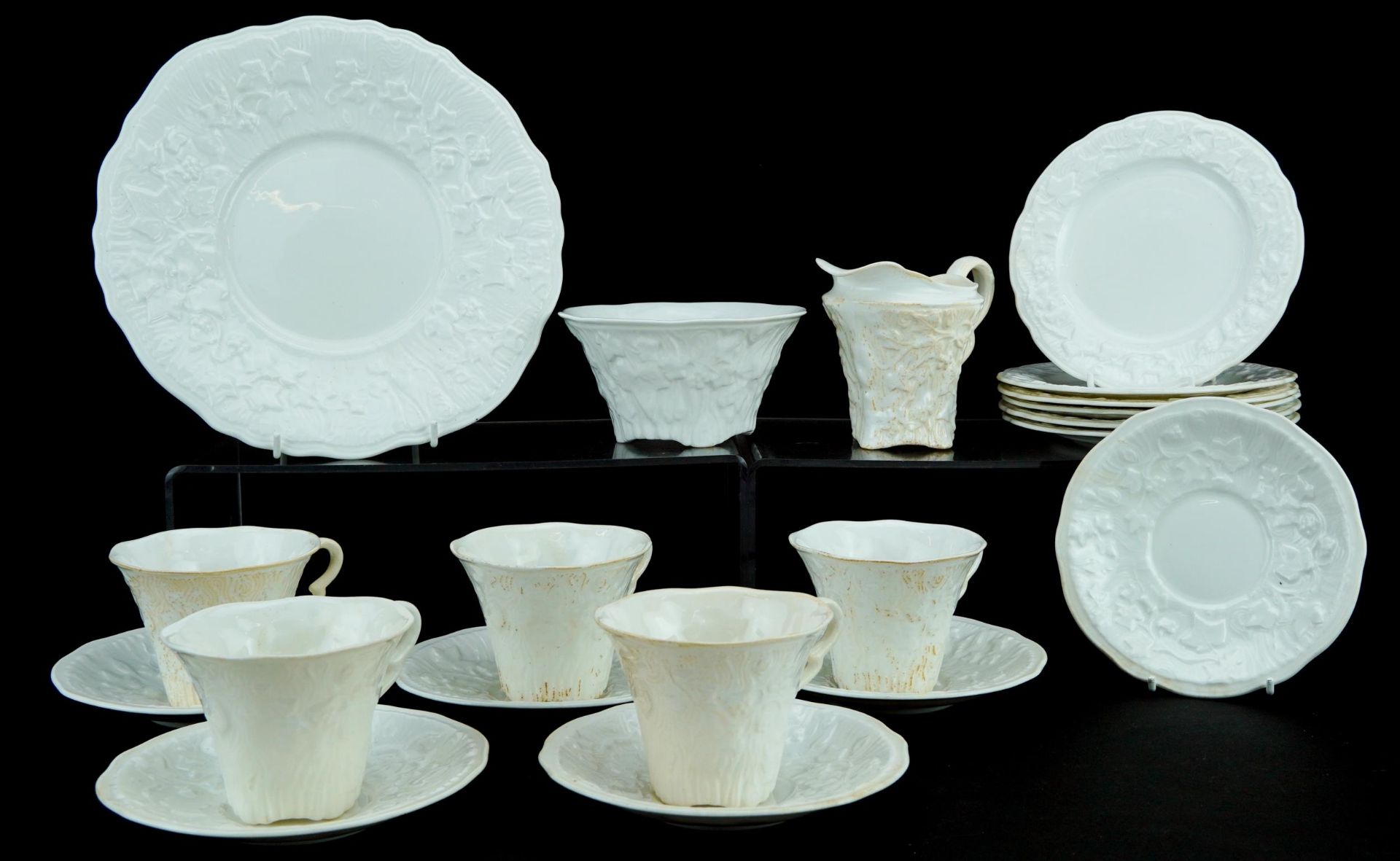 Royal Stafford Old English Oak bone china teaware including cups with saucers and sugar bowl, the