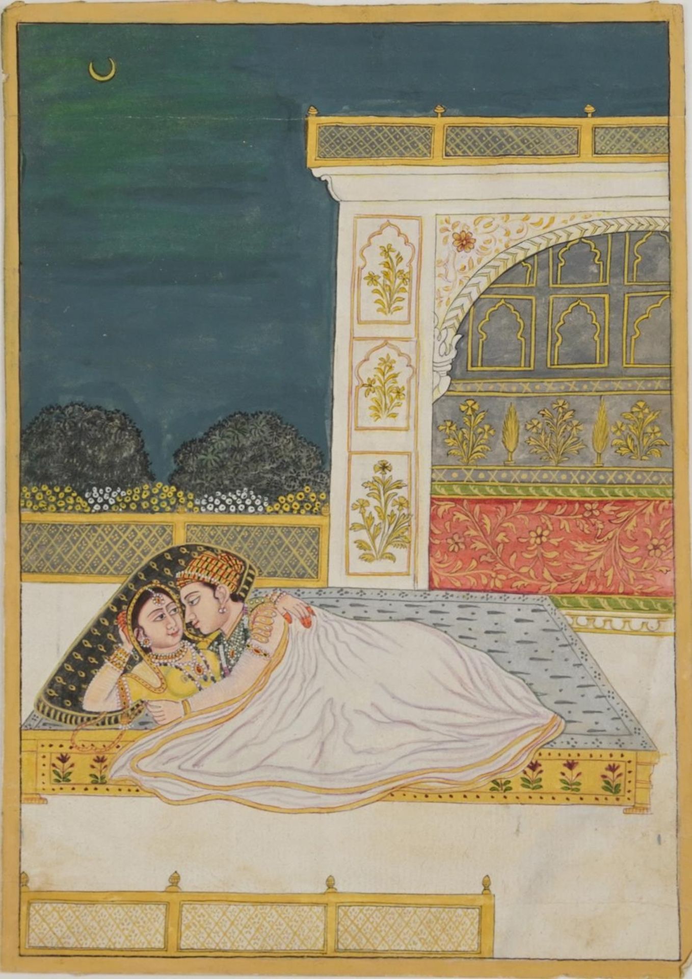 Two figures before an archway, Indian Mughal school watercolour on card, unframed, 29cm x 18.5cm - Image 2 of 3