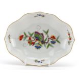 Meissen, German porcelain dish hand painted with a butterfly and flowers, 15cm wide