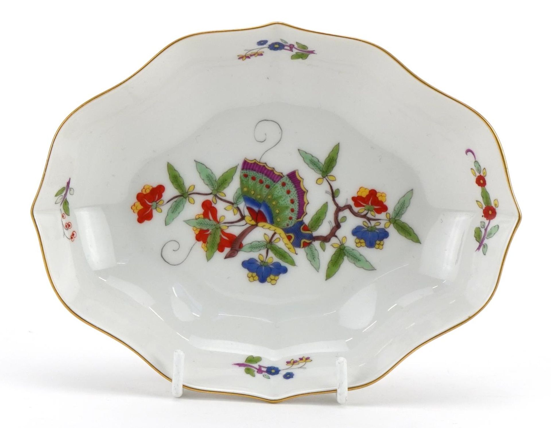 Meissen, German porcelain dish hand painted with a butterfly and flowers, 15cm wide