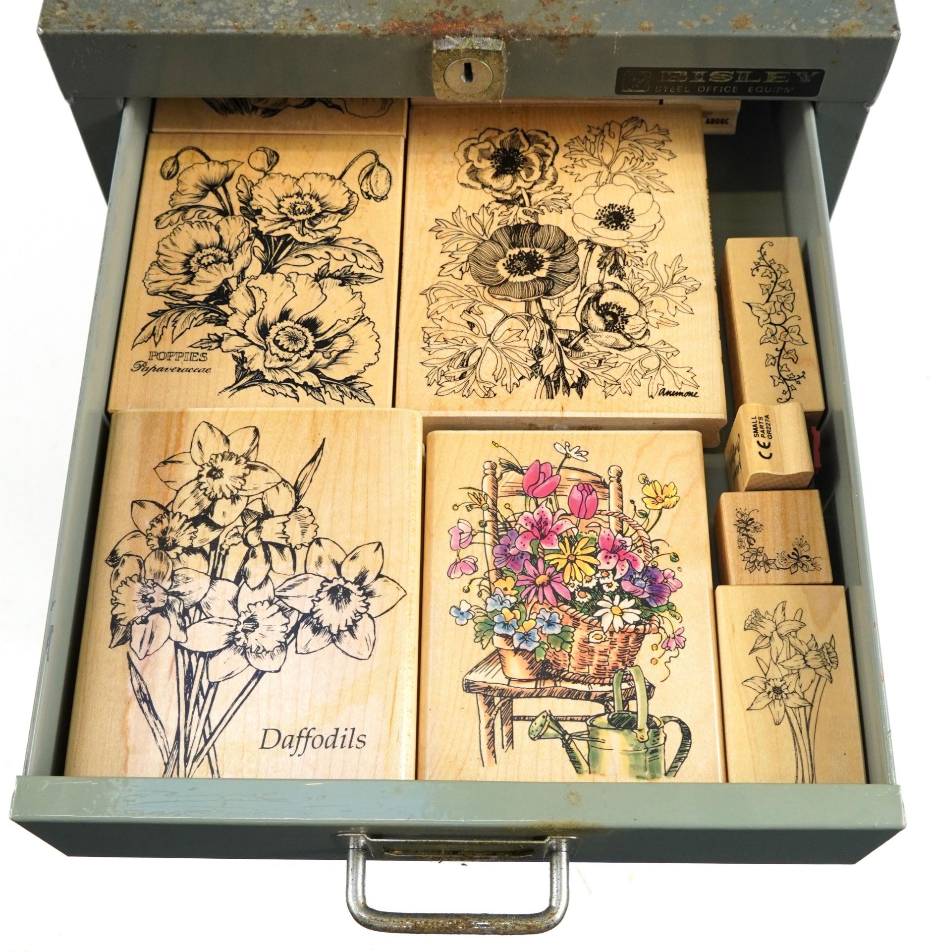 Large collection of wooden printing blocks and ink stamps housed in a Bisley ten drawer filing - Image 3 of 13