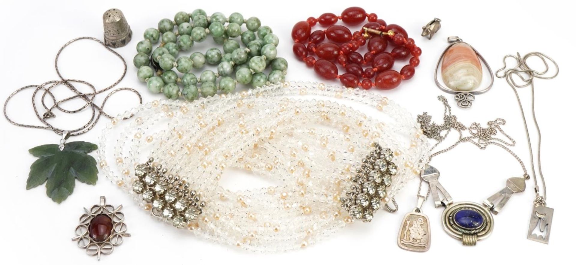 Antique and later jewellery, some silver including a crystal twelve row cocktail necklace, jade