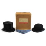 Gentlemen's Scott & Co Piccadilly moleskin top hat with box and a Dunn & Co gentlemen's bowler hat