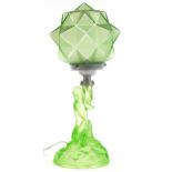 Walther & Sohne, German Art Deco green frosted glass table lamp with shade, 41cm high