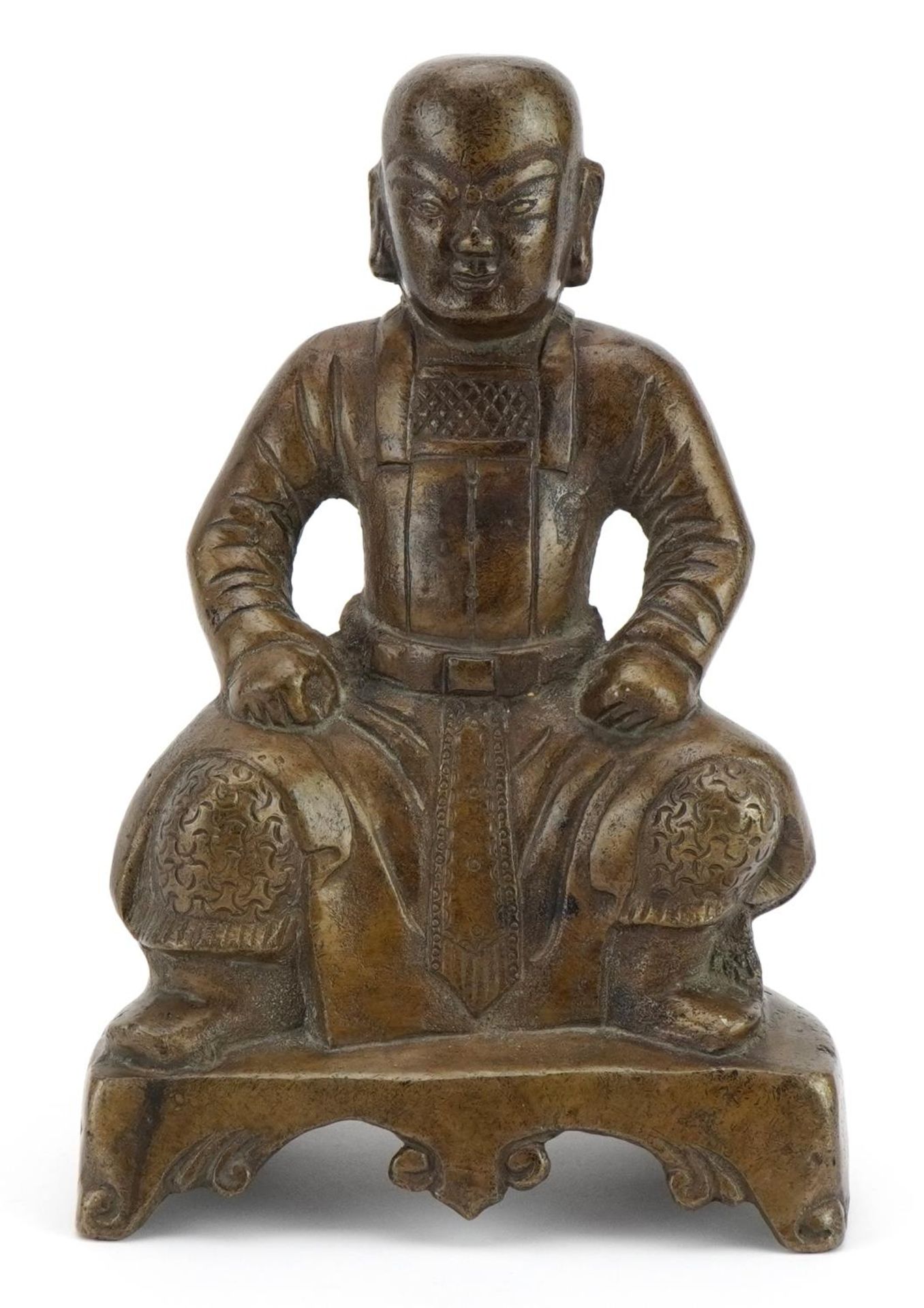 Chino Tibetan bronze figure of a seated warrior, 20.5cm high