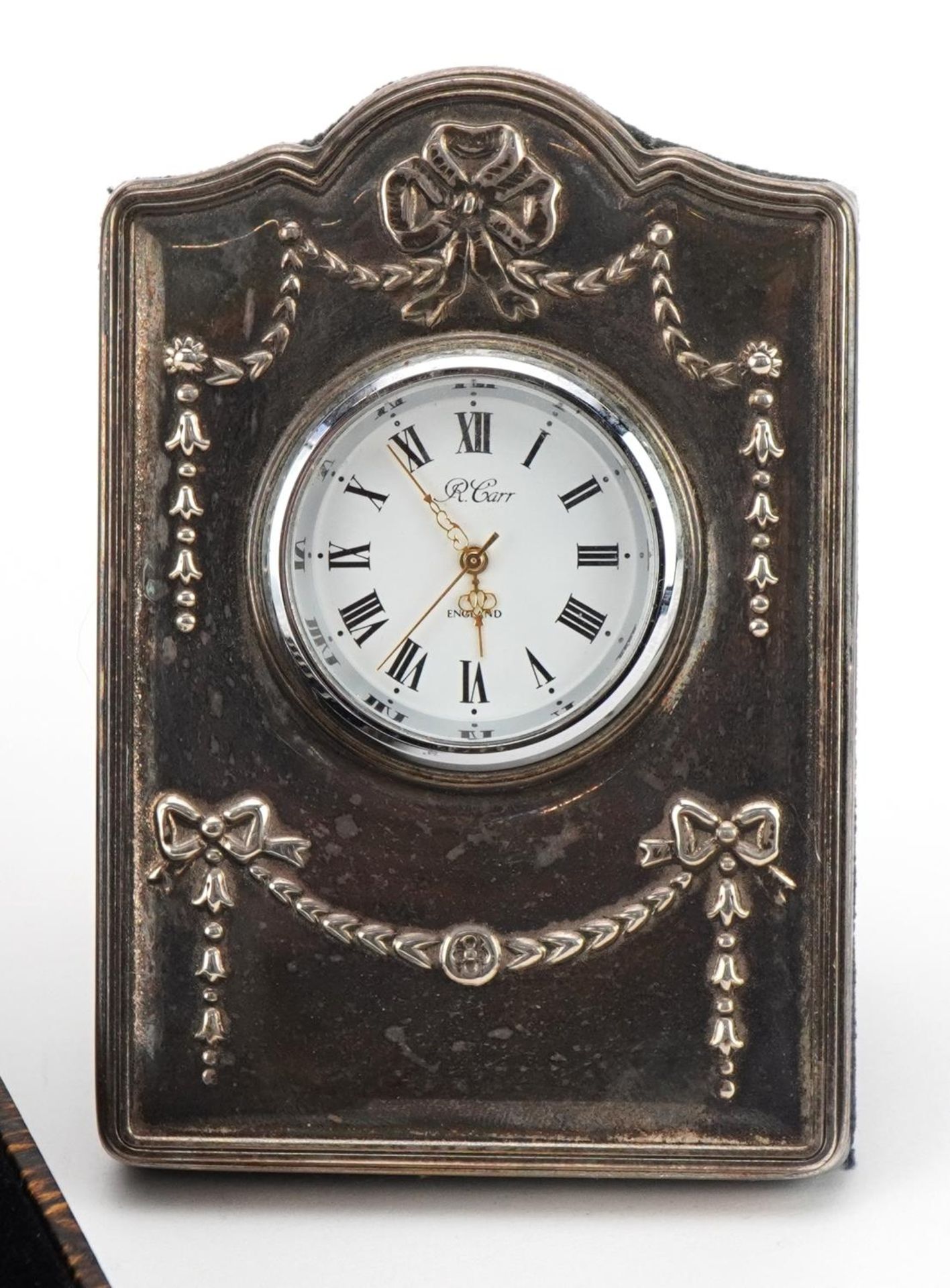 Carr's miniature silver easel clock and set of six silver coffee bean spoons with fitted case, the - Image 3 of 7