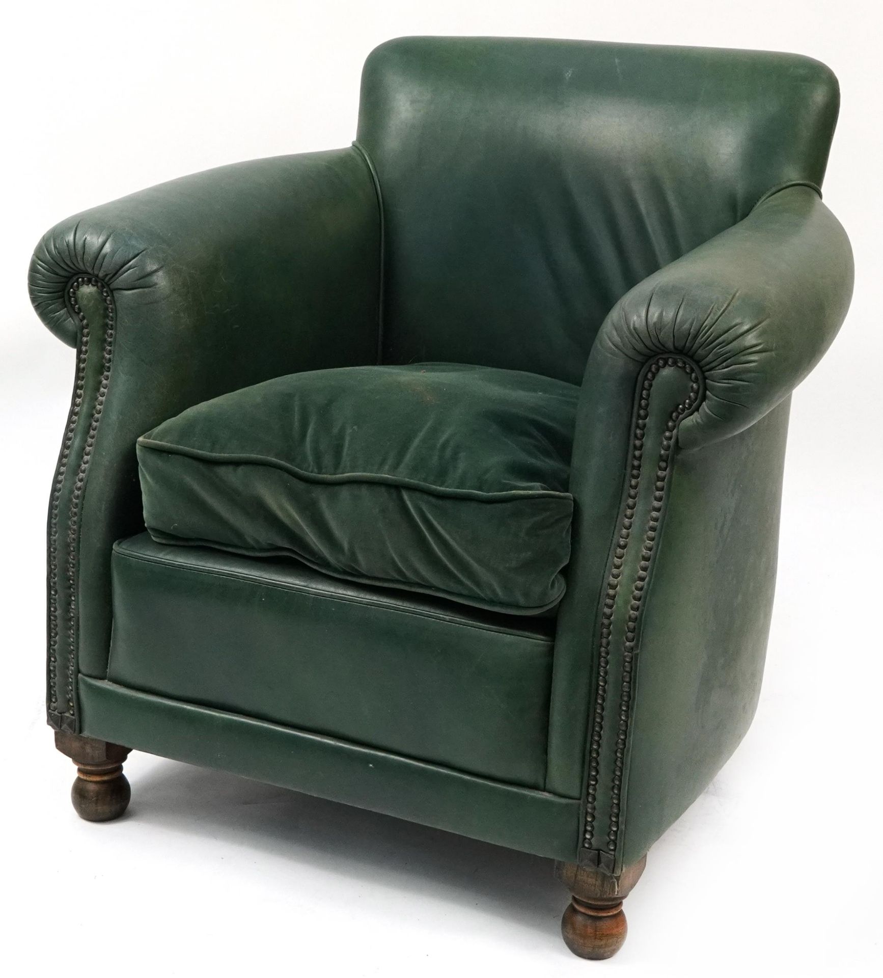 Oak framed armchair with green leather upholstery, 80cm high