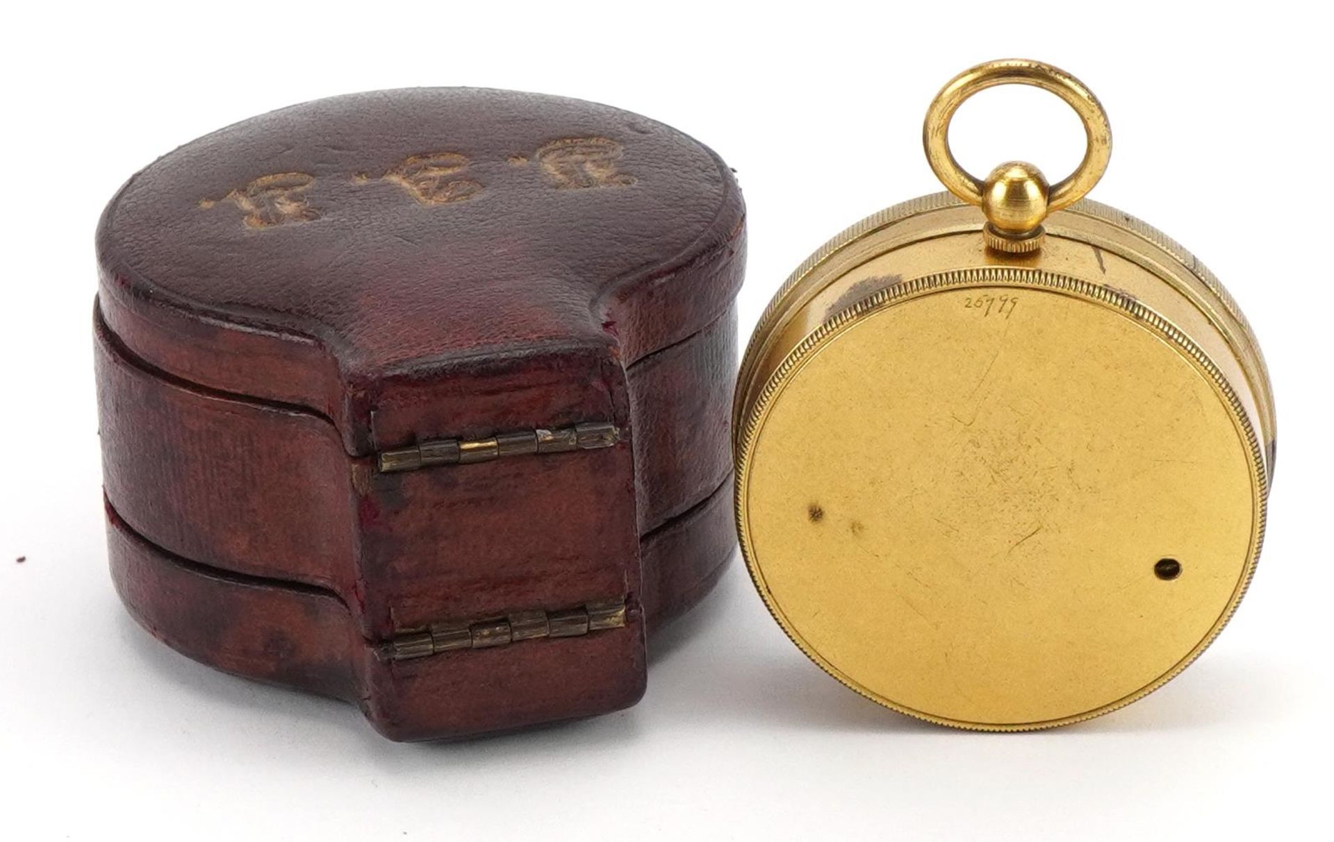 19th century leather cased weather station comprising gilt brass compensated pocket barometer with - Image 5 of 5