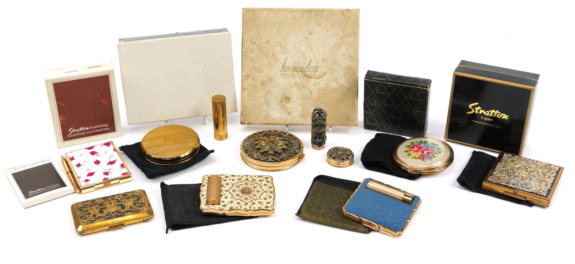 Vintage ladies compacts including Hampden jewelled set with box, Kigu with box and Stratton