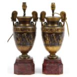 Pair of 19th century style classical patinated bronze vase urn table lamps with twin handles