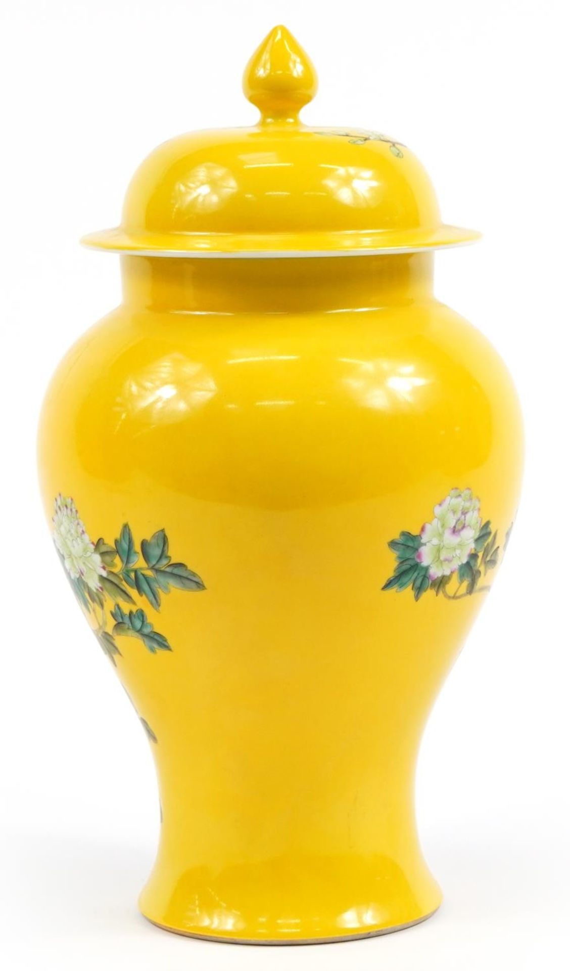 Chinese yellow ground porcelain baluster vase and cover hand painted in the famille rose palette - Image 2 of 3