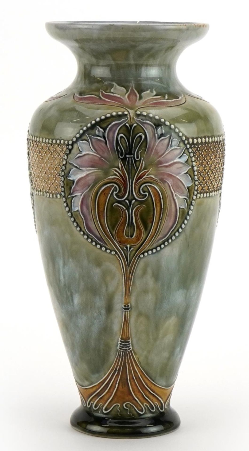 Eliza Simmons for Royal Doulton, Art Nouveau stoneware vase hand painted and incised with stylised