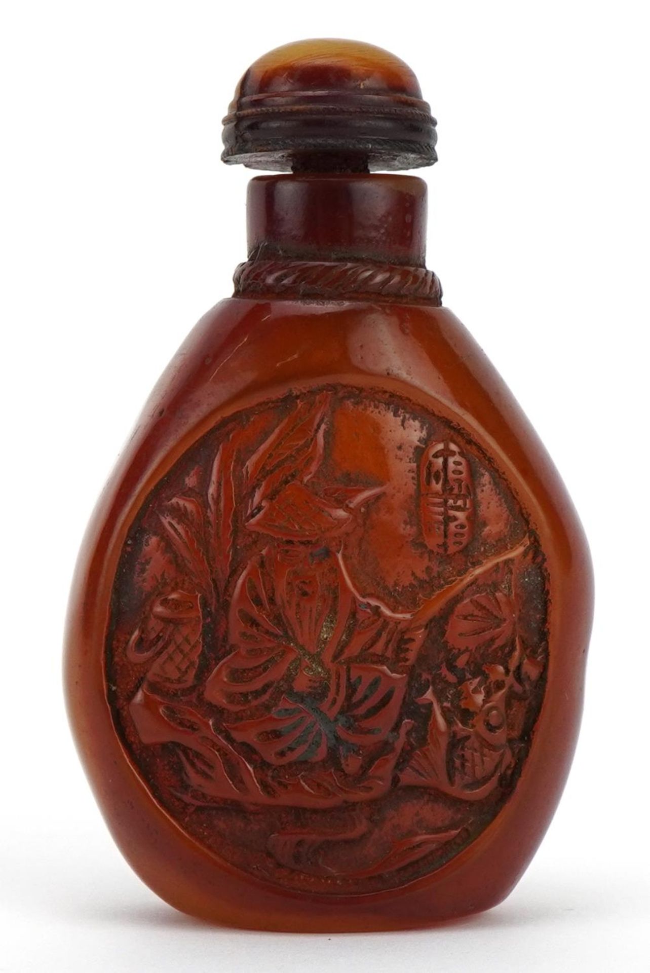 Chinese snuff bottle and stopper carved with an elder, 7cm high - Bild 2 aus 3