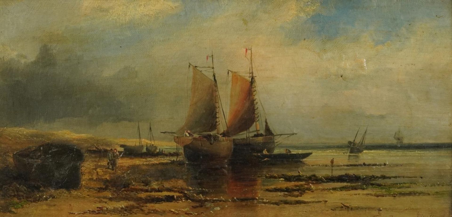 W Wall - Moored fishing boats with figures, pair of 19th century oil on canvasses, T Vintiner labels - Bild 6 aus 10