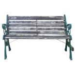 Green painted cast iron wooden slatted garden bench, 76cm high x 127cm wide