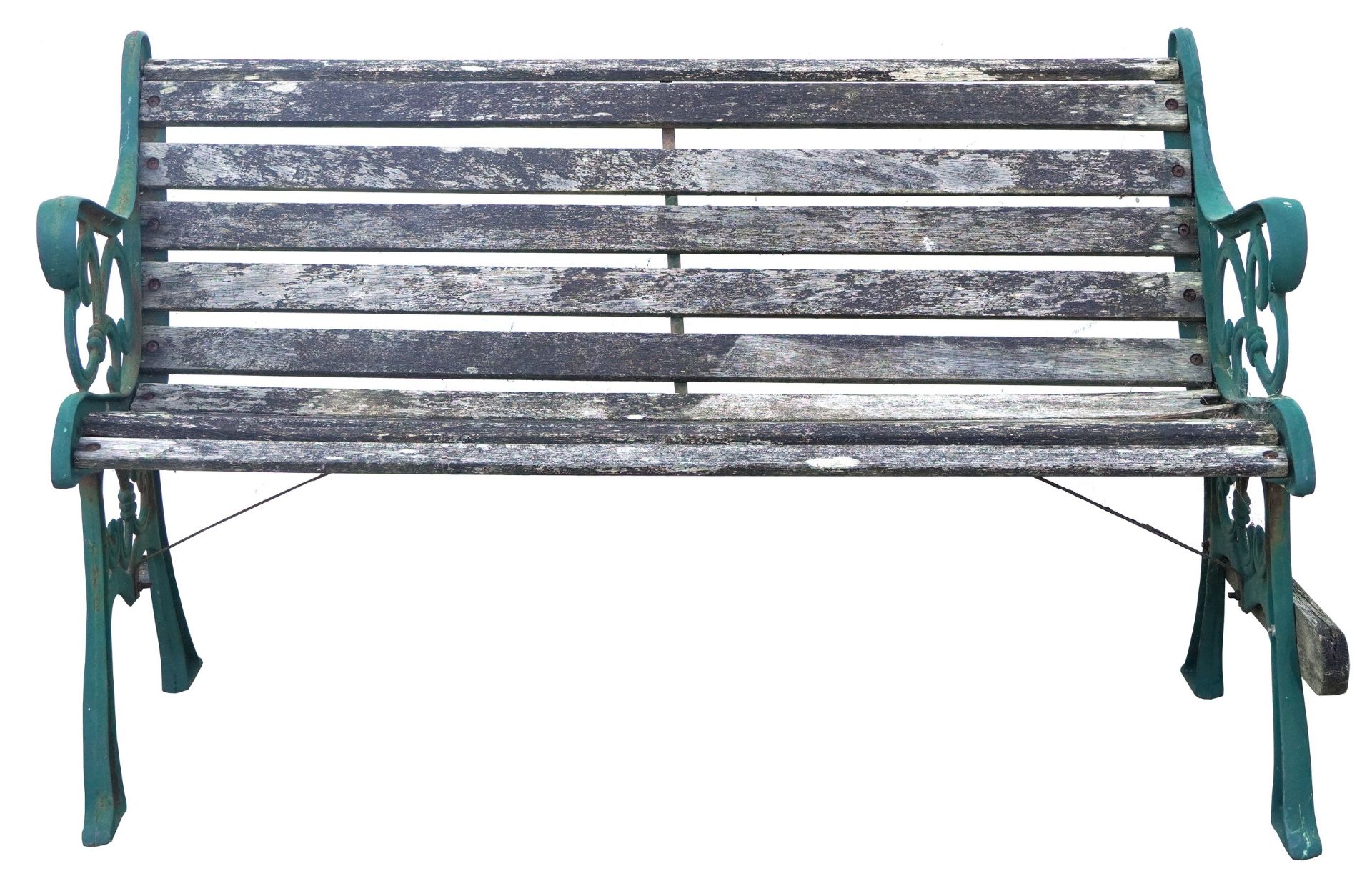 Green painted cast iron wooden slatted garden bench, 76cm high x 127cm wide