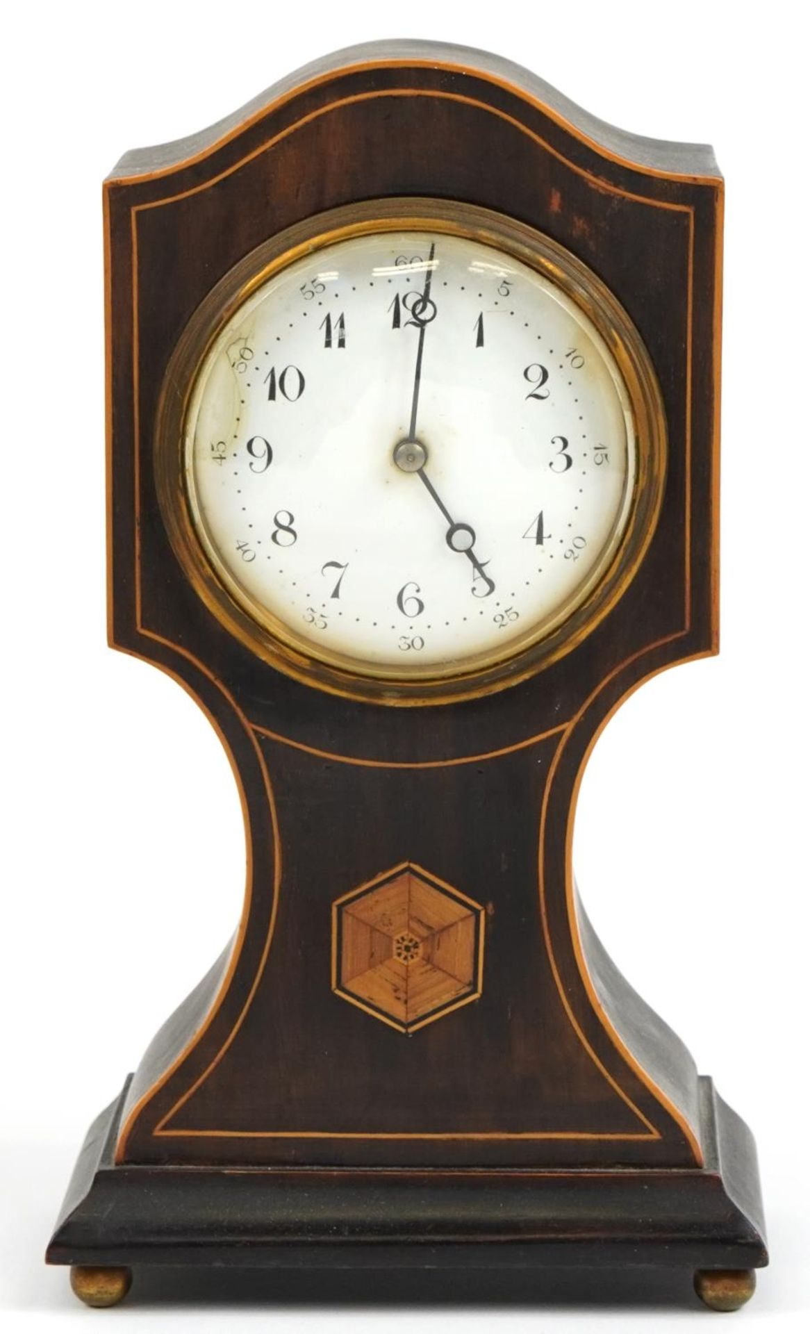 Edwardian inlaid mahogany mantle clock, the enamelled dial having Arabic numerals, 25cm high - Image 2 of 5