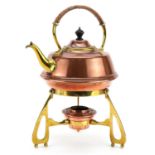 Arts & Crafts style copper and brass teapot on stand with burner, possibly German, 33cm high