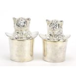Pair of novelty silver plated cats in hats salt and pepper cellars, each 7cm high