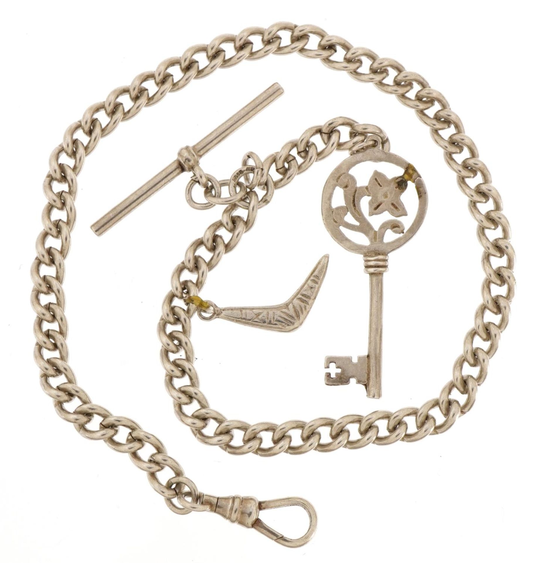 White metal watch chain with silver T bar and silver swivel clasp, 32cm in length, 30.5g