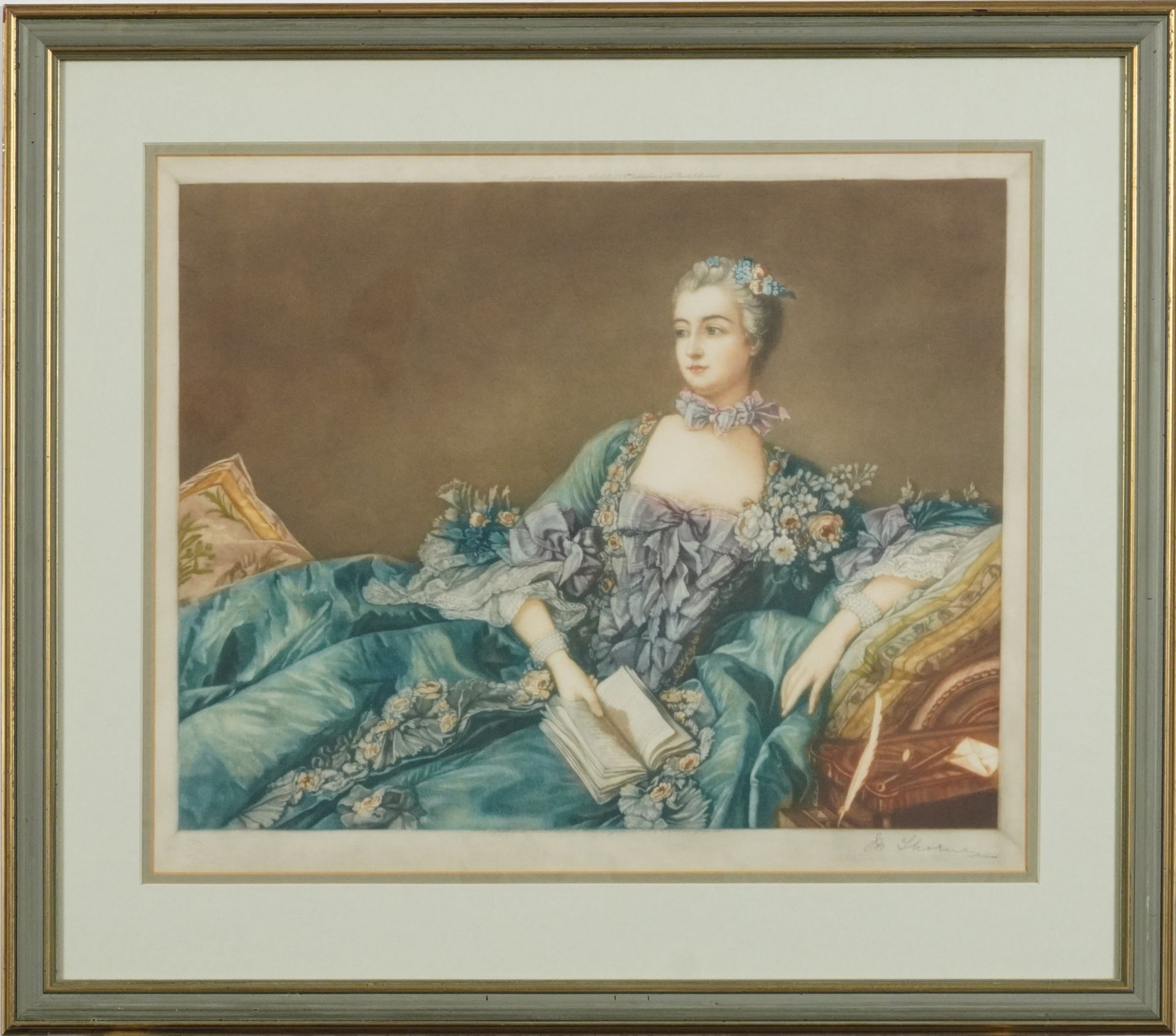 After Francois Boucher - Madame de Pompadour, pencil signed print in colour, signed M Thorne, - Bild 2 aus 6