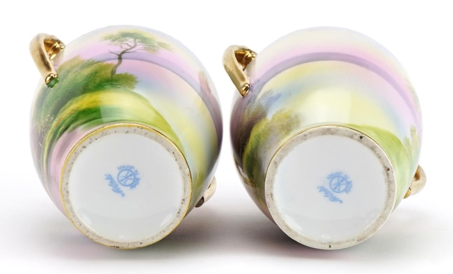 Pair of Noritake Japanese porcelain vases with twin handles, each hand painted with cottages - Image 3 of 4