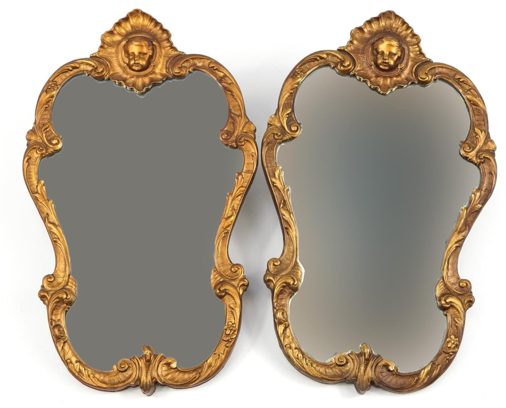 Pair of gilt framed cartouche wall mirrors with acanthus design borders, each 56cm high