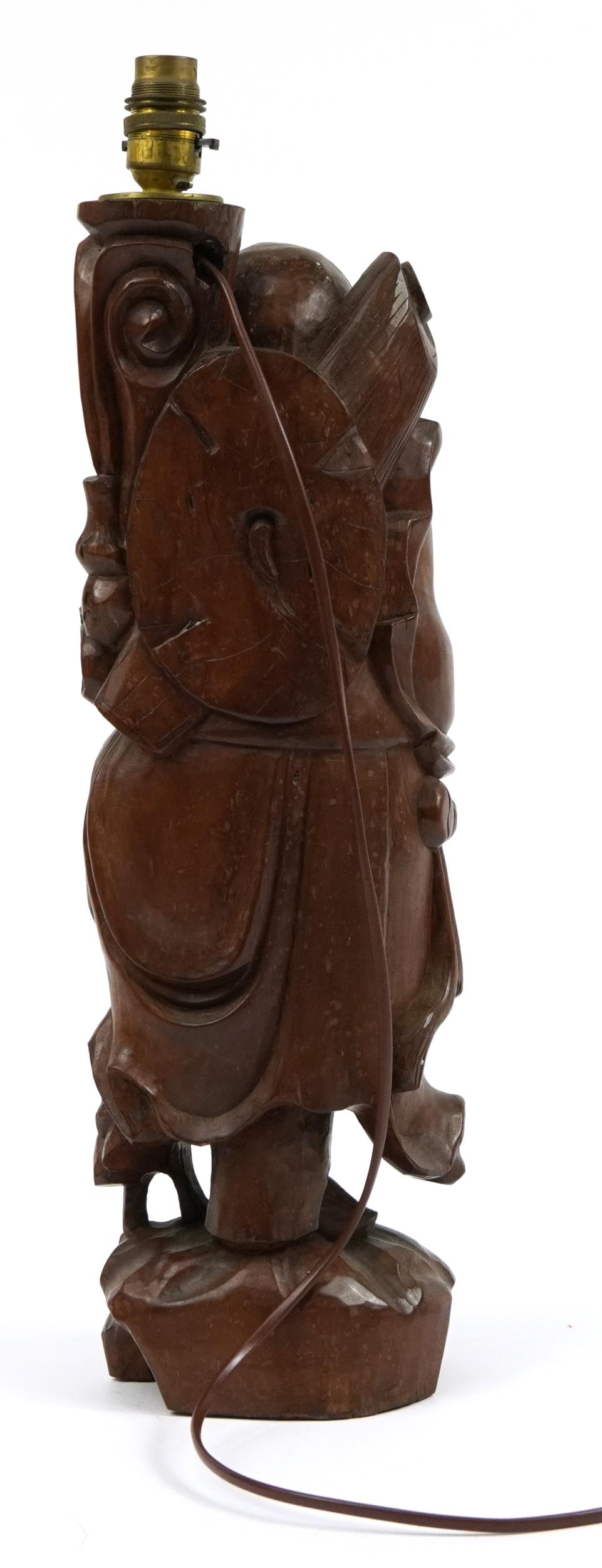 Chinese root wood lamp base carved in the form of an elder holding a staff, 53.5cm high - Image 2 of 3