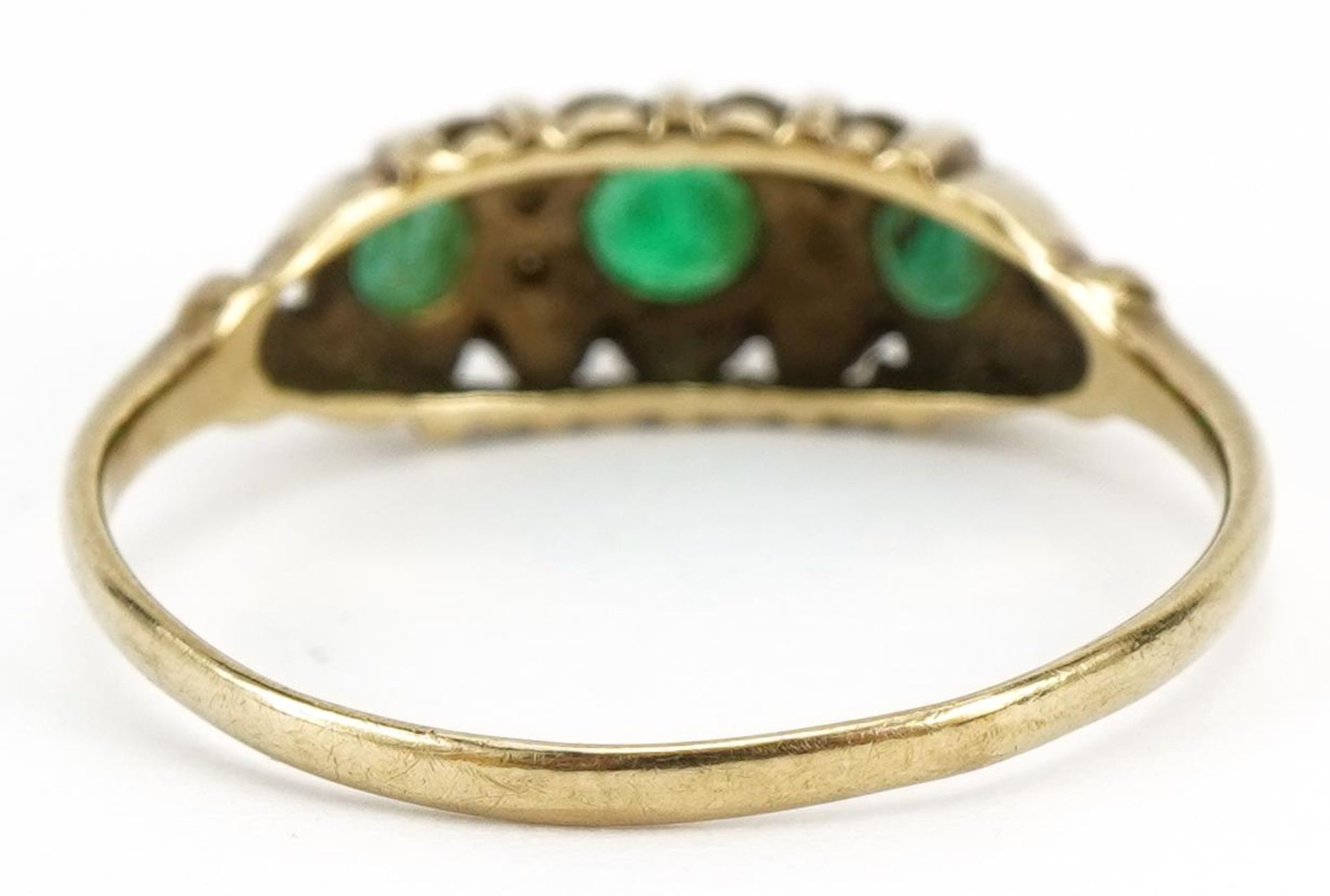 9ct gold emerald and diamond seven stone ring, size P, 1.6g - Image 2 of 3