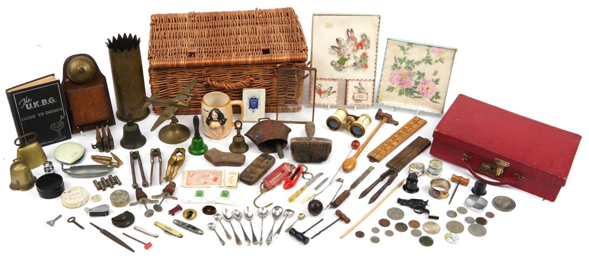 Antique and later objects including bone opera glasses, world coins, folding boxwood rules, cow