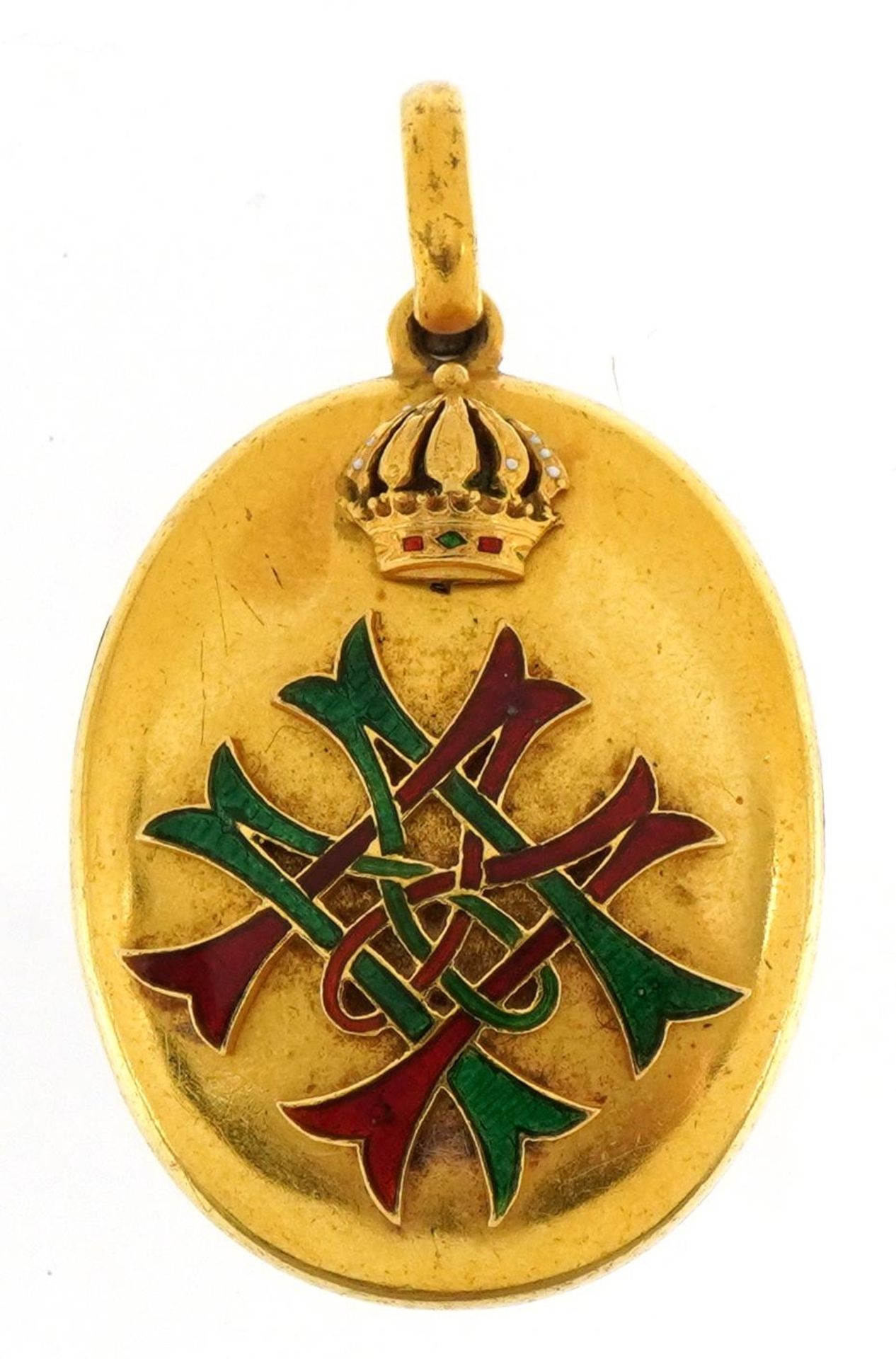 Victorian royal interest unmarked gold, enamel and turquoise set locket with entwined M M monogram