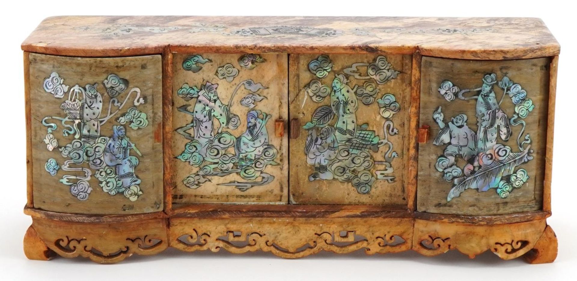 Miniature Chinese carved soapstone side cabinet with mother of pearl inlay, 10cm H x 24cm W x 8cm D