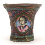 18th/19th century Turkish enamelled beaker hand painted with noble portraits and flower heads, 7cm